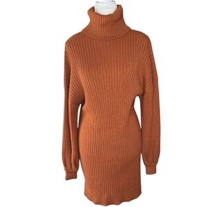 Amazon Women Rust Orange Ribbed Turtleneck Sweater Dress Long Sleeve Mini Size L